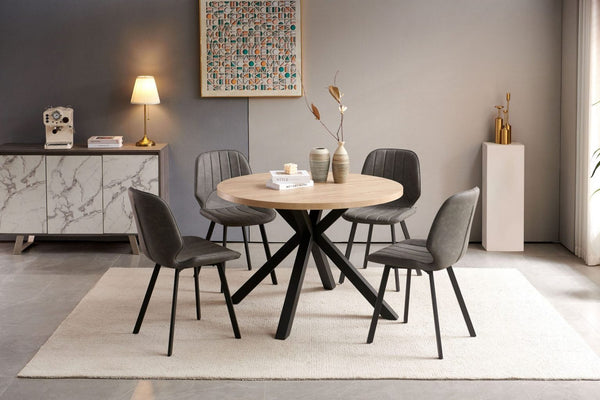 Calgary Oak Dining Table & 4 Dark Grey Microfibre Chairs