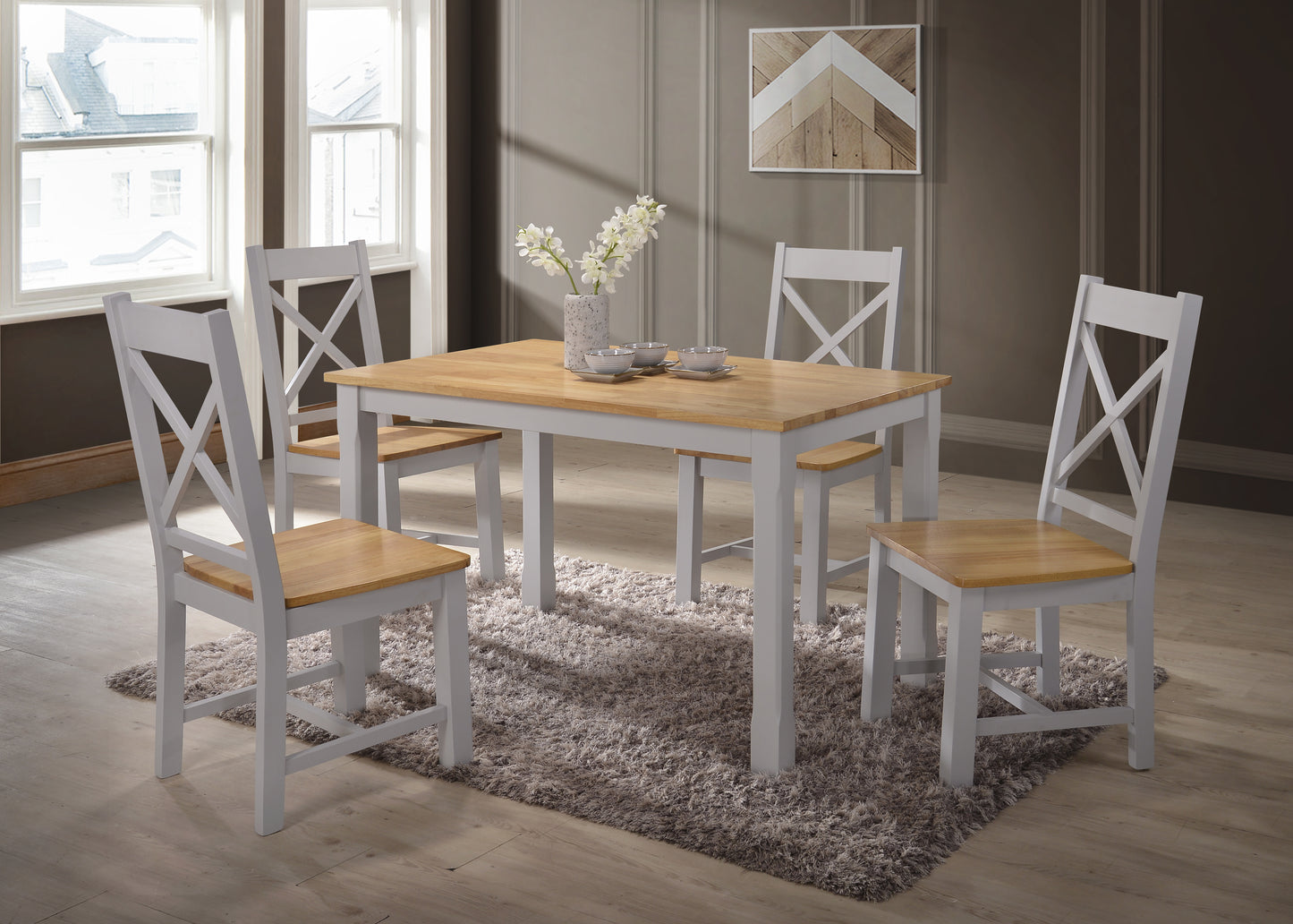 Rochdale 4 Foot Table & 4 Matching Cross Back Chairs French Grey & Oak