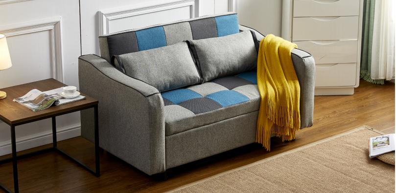 Patchwork sofa bed grey and blue at mcvann furniture