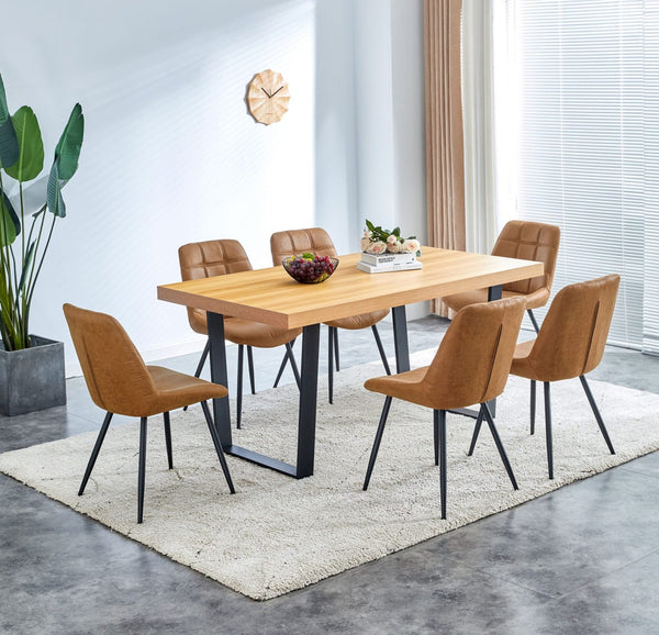 Bailey Oak colour Heat Resistant Dining Table & 6 Tan Microfibre Chairs