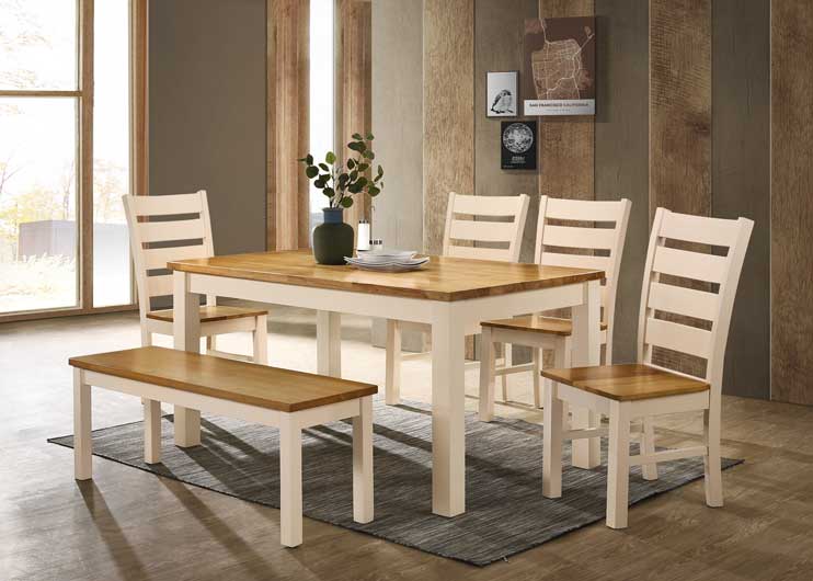 Chester Dining Set Cream & Oak Table With 4 Chairs & Bench