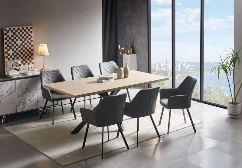 Christy Oak Dining Table With 6 Dark Grey Microfibre Chairs