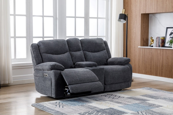 Berta 2 Seater Electric Reclining Sofa With Console & Wireless Charger Dark Grey