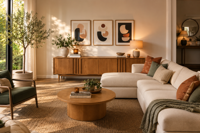 A beautifully styled modern living room featuring a cream sectional sofa, a round wooden coffee table, a mid-century modern wooden credenza, and three framed abstract art prints on the wall.