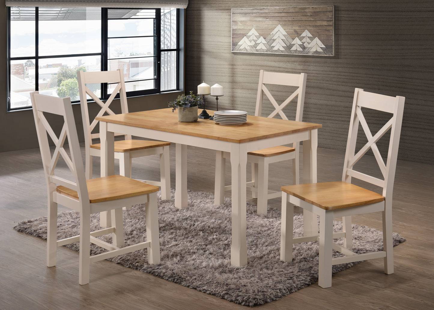 Rochdale 4 Foot Table & 4 Matching Cross Back Chairs Cream & Oak