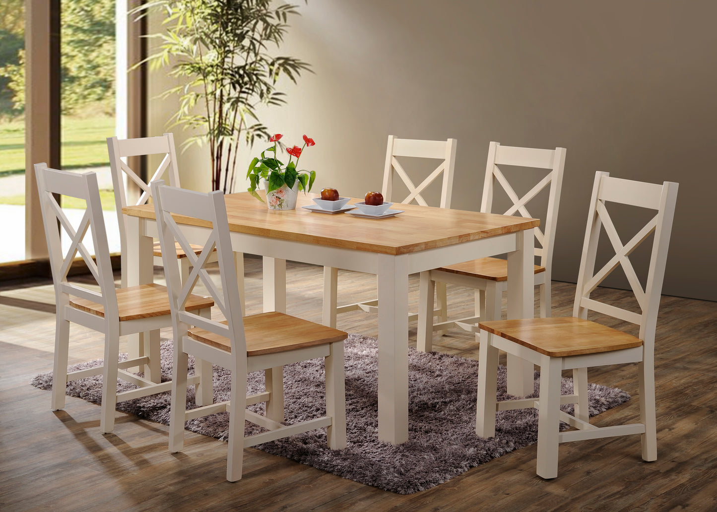 Rochdale 5 Foot Table & 6 Matching Cross Back Chairs Cream & Oak